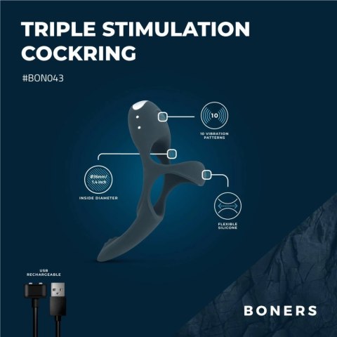 Boners Triple Ring Blue - Anatomiczny Pierścień Wibrujący 3w1, silikonowy Boners Triple Ring Blue - Anatomiczny Pierścień Wibrujący 3w1, silikonowy