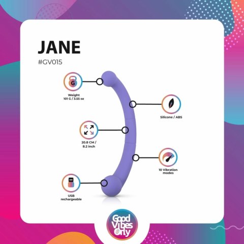 Good Vibes Only Jane - dwustronny wibrator silikonowy fioletowy 10 trybow Good Vibes Only Jane - dwustronny wibrator silikonowy fioletowy 10 trybow