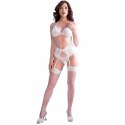 Chilirose CR-4862 Biały komplet z koronką: biustonosz, pas, stringi, pończochy M