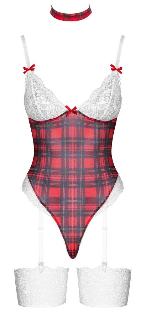 Cottelli Lingerie Body Plaid S z chokerem i koronką, biało-czerwony Cottelli Lingerie Body Plaid S z chokerem i koronką, biało-czerwony