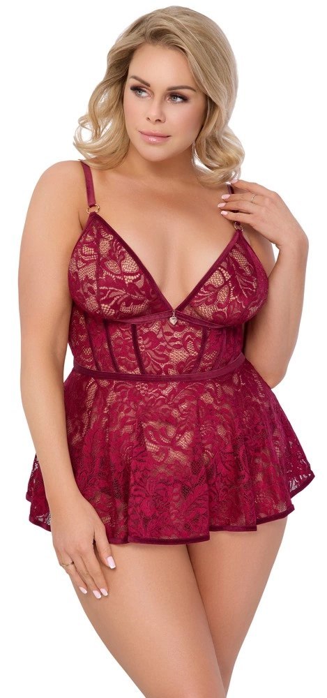 Cottelli Curves Babydoll z koronką i majtkami z wycięciem czerwone 2XL Cottelli Curves Babydoll z koronką i majtkami z wycięciem czerwone 2XL