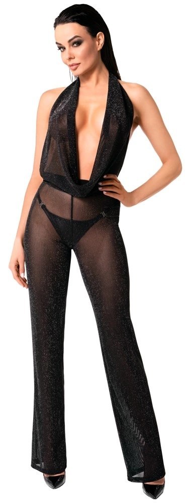 Noir Orgia XL - Czarny Kombinezon Powernet z Prostą Nogawką Noir Orgia XL - Czarny Kombinezon Powernet z Prostą Nogawką