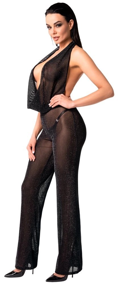 Noir Orgia XL - Czarny Kombinezon Powernet z Prostą Nogawką Noir Orgia XL - Czarny Kombinezon Powernet z Prostą Nogawką