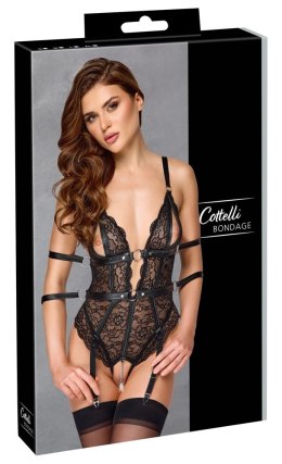 Cottelli BONDAGE Body koronkowe czarne M z mankietami i paskami