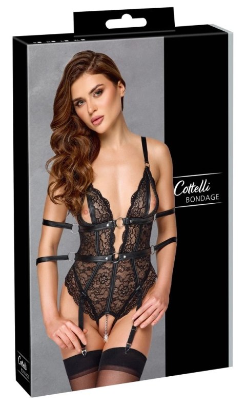 Cottelli BONDAGE Body koronkowe czarne M z mankietami i paskami