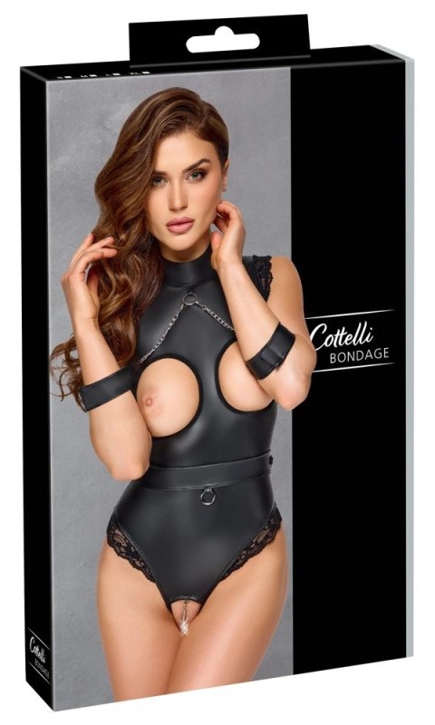 Cottelli Bondage Body matowe czarne S z otwartą konstrukcją i mankietami