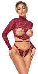 Abierta Fina Top koronkowy bez miseczek + stringi otwarte czerwone XL