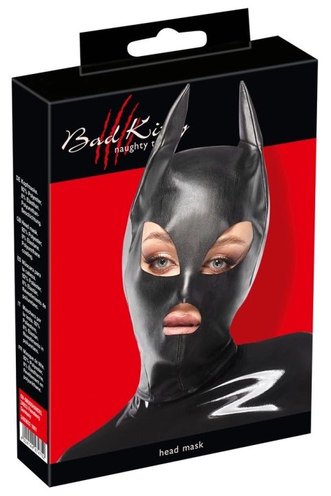 Bad Kitty maska na głowę czarna z uszami elastyczna skora Bad Kitty maska na głowę czarna z uszami elastyczna skora