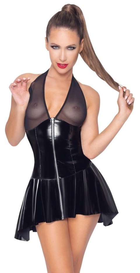 Black Level Sukienka Winylowa z Siateczką Dekolt Halter 2XL Czarna Black Level Sukienka Winylowa z Siateczką Dekolt Halter 2XL Czarna