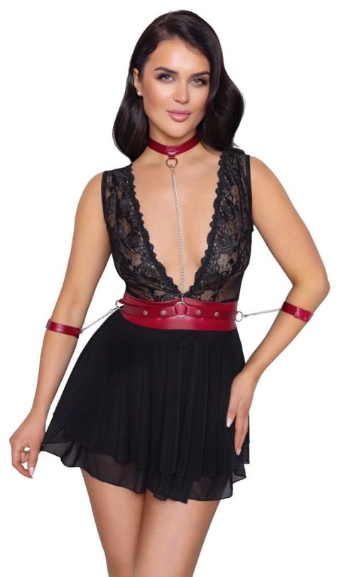 Cottelli Bondage Babydoll czarna S z czerwoną obrożą i mankietami Cottelli Bondage Babydoll czarna S z czerwoną obrożą i mankietami