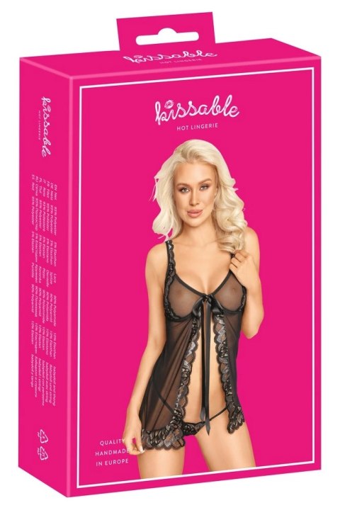 Kissable Babydoll & Stringi L/XL Czarna Koronka, Regulowane Ramiączka
