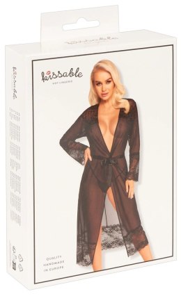 Kissable Długi Szlafrok Koronka Satynowy Pasek Czarny S/M