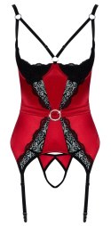 Cottelli LINGERIE Haleczka satynowa z paskami M czerwona z czarną koronką