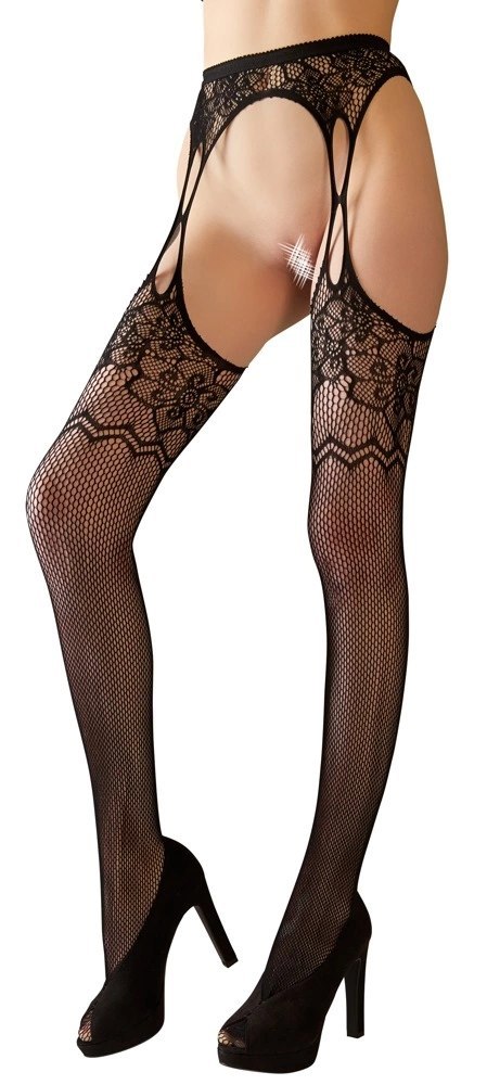 Cottelli Legwear rajstopy z paskiem kwiatowy wzor S-L czarne Cottelli Legwear rajstopy z paskiem kwiatowy wzor S-L czarne