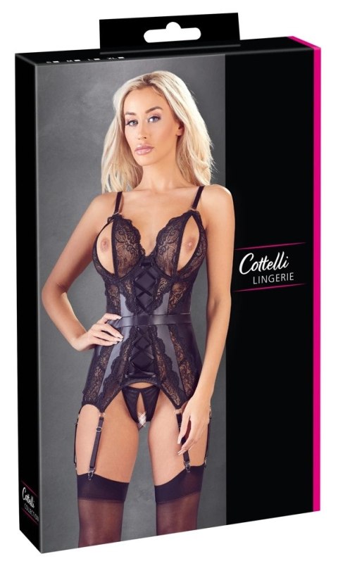 Cottelli Lingerie Koszulka koronkowa z otwartym biustem i stringami S czarna Cottelli Lingerie Koszulka koronkowa z otwartym biustem i stringami S czarna