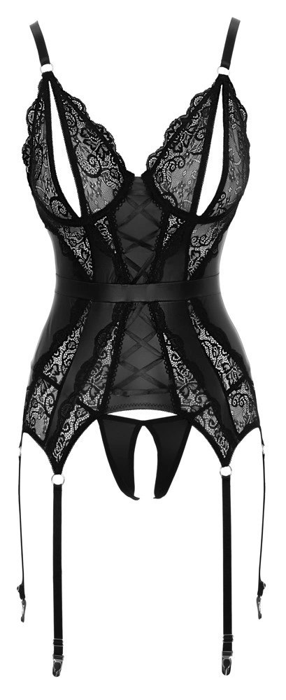 Cottelli Lingerie Koszulka koronkowa z otwartym biustem i stringami S czarna Cottelli Lingerie Koszulka koronkowa z otwartym biustem i stringami S czarna