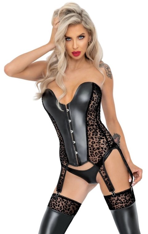 Noir Gorset Czarny XL z Panterkowym Wzorem i 6 Szelkami do Pończoch Noir Gorset Czarny XL z Panterkowym Wzorem i 6 Szelkami do Pończoch