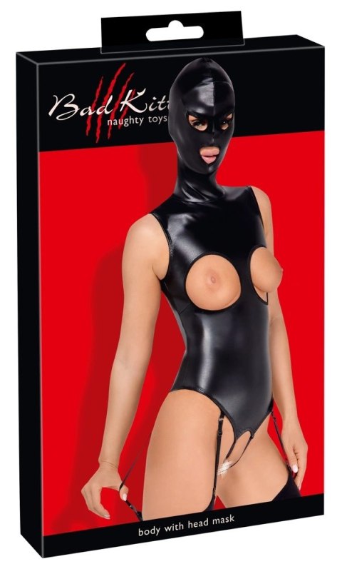 Bad Kitty Body XL z maską, imitacja skory, otwarte elementy, czarne