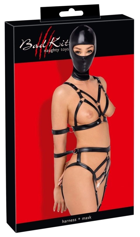 Bad Kitty Zestaw Skorzanych Uprzęży z Maską na Głowę L, czarny Bad Kitty Zestaw Skorzanych Uprzęży z Maską na Głowę L, czarny