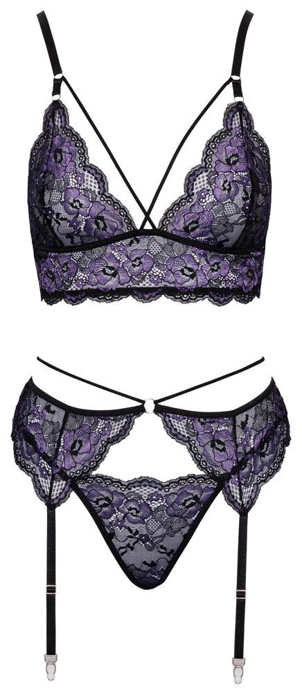 Cottelli LINGERIE Komplet Koronkowy Braletka+Pas+Stringi Czarny-Fioletowy M Cottelli LINGERIE Komplet Koronkowy Braletka+Pas+Stringi Czarny-Fioletowy M