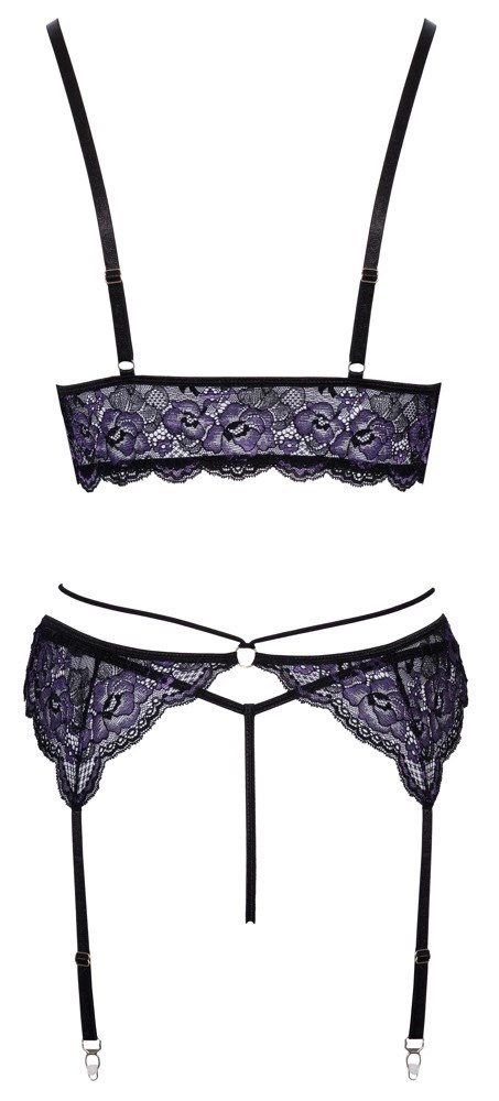 Cottelli Lingerie komplet braletka, pas do pończoch, stringi czarno-fioletowy S Cottelli Lingerie komplet braletka, pas do pończoch, stringi czarno-fioletowy S