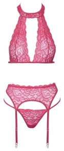 Cottelli Lingerie komplet rożowy koronkowy biustonosz pas stringi S/M