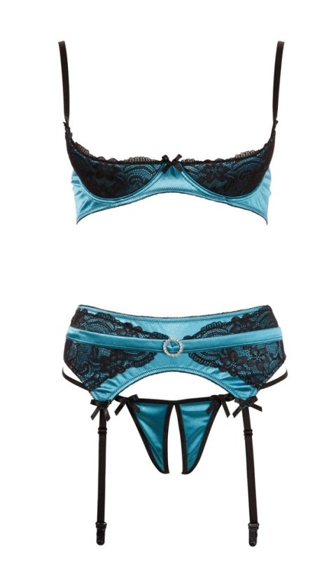 Cottelli Lingerie komplet satynowy 3-częściowy niebieski 85B/L Cottelli Lingerie komplet satynowy 3-częściowy niebieski 85B/L