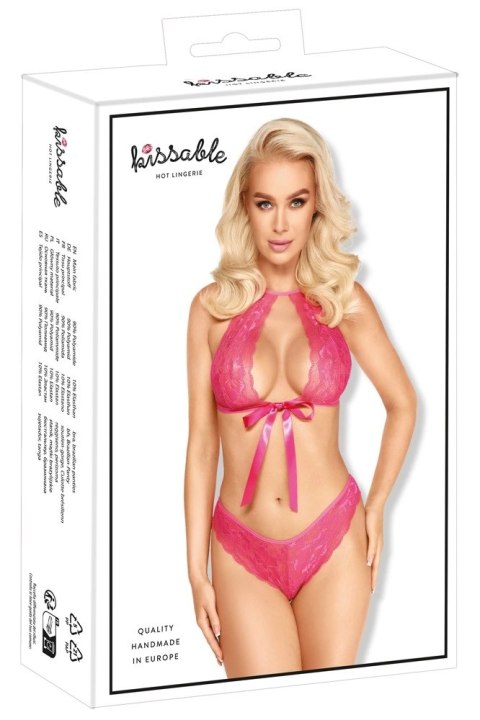 Kissable Komplet Damski Koronkowy Rożowy z Satynową Kokardką L/XL