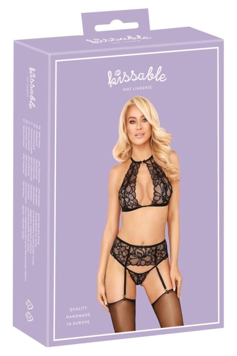 Kissable Komplet koronkowy kwiatowy czarny L/XL - biustonosz, pas, stringi