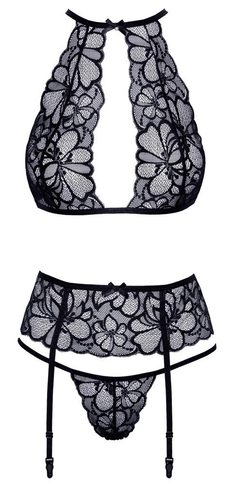 Kissable S/M Czarny Komplet Koronkowy Kwiatowy Design 3-częściowy Kissable S/M Czarny Komplet Koronkowy Kwiatowy Design 3-częściowy