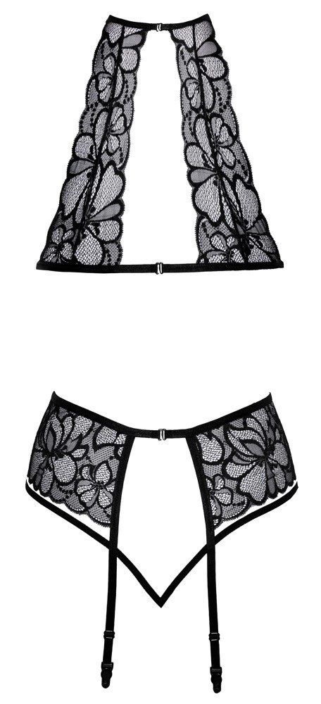 Kissable S/M Czarny Komplet Koronkowy Kwiatowy Design 3-częściowy Kissable S/M Czarny Komplet Koronkowy Kwiatowy Design 3-częściowy