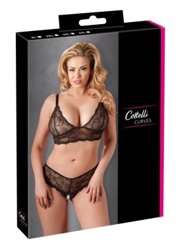 Cottelli Curves XL - Czarny koronkowy komplet bez fiszbin i otwarte stringi