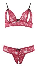 Cottelli Lingerie komplet koronkowy czerwony L, otwarty biustonosz i stringi