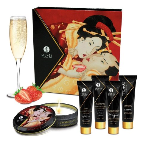 Shunga Geishas Secret Kit Sparkling Strawberry Wine - Zestaw Miniatur do Masażu i Pielęgnacji Shunga Geishas Secret Kit Sparkling Strawberry Wine - Zestaw Miniatur do Masażu i Pielęgnacji