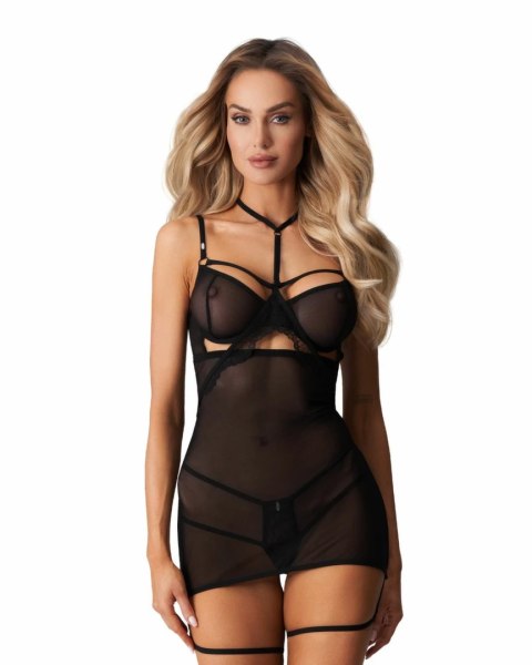 Obsessive Arrowel Black Chemise - koronkowa halka z paskami, czarna m Obsessive Obsessive Arrowel Black Chemise - koronkowa halka z paskami, czarna m Obsessive