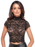 Noir Top Koronkowy Kwiatowy Czarny M - Elastyczny Crop z Stojką Noir