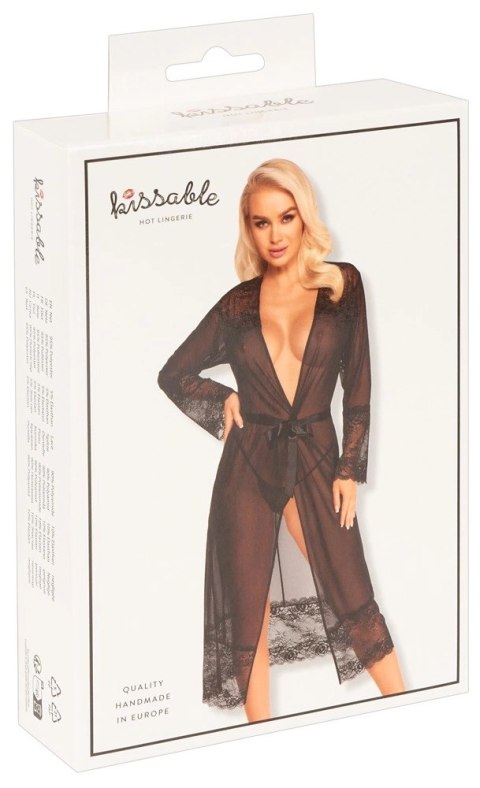 Kissable Długi Szlafrok Koronka Satynowy Pasek Czarny S/M Kissable