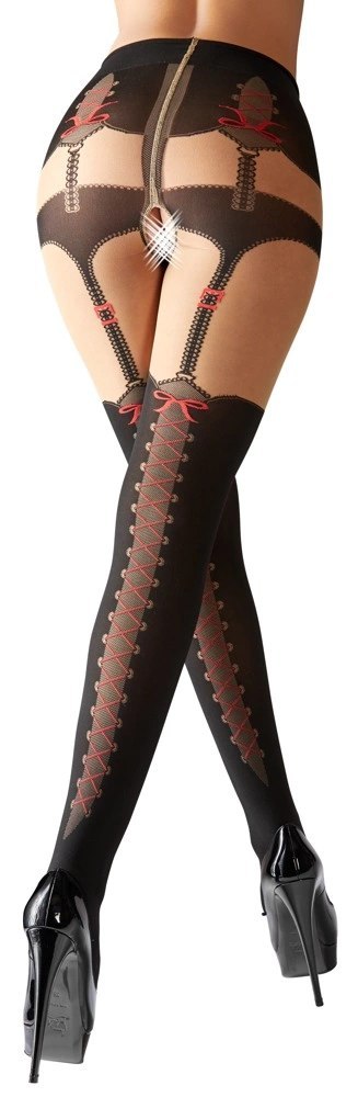 Cottelli Legwear rajstopy z motywem szelek i czerwonych kokardek, otwarty krok Cottelli LEGWEAR Cottelli Legwear rajstopy z motywem szelek i czerwonych kokardek, otwarty krok Cottelli LEGWEAR