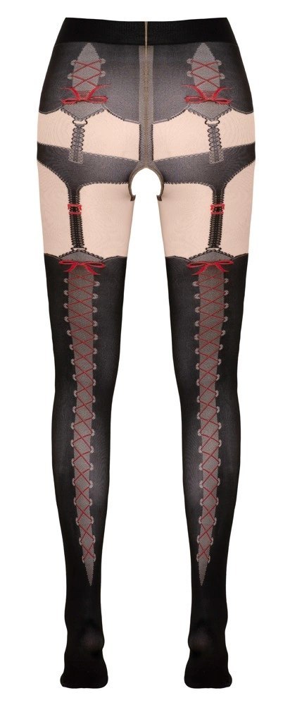 Cottelli Legwear rajstopy z motywem szelek i czerwonych kokardek, otwarty krok Cottelli LEGWEAR Cottelli Legwear rajstopy z motywem szelek i czerwonych kokardek, otwarty krok Cottelli LEGWEAR