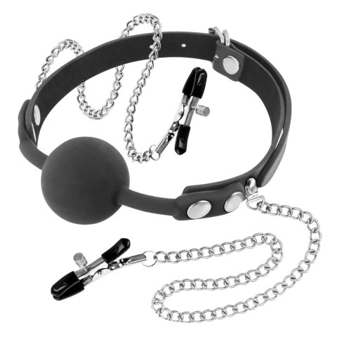 Knebel z zaciskami na sutki Silicone Gag Ball With Nipple Clamps Knebel z zaciskami na sutki Silicone Gag Ball With Nipple Clamps