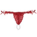 Koronkowe, czerwone stringi z perłowym pierścieniem. Brazilian Panty Red.