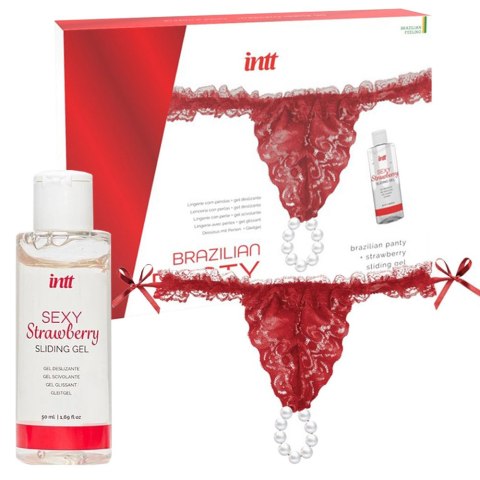 Koronkowe, czerwone stringi z perłowym pierścieniem. Brazilian Panty Red. Koronkowe, czerwone stringi z perłowym pierścieniem. Brazilian Panty Red.