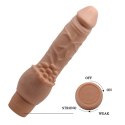 Wibrator dla kobiet, penis z żyłami i zarysowaną główką. Penetracja pochwy