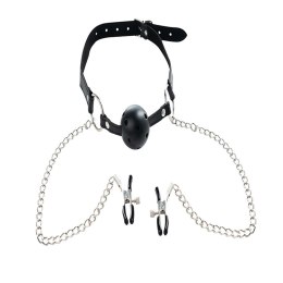 Breathable ball gag with adjustable nipple
clamps.