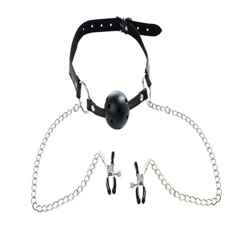 Breathable ball gag with adjustable nipple
clamps. Breathable ball gag with adjustable nipple
clamps.