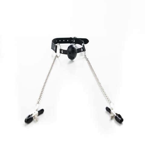 Breathable ball gag with adjustable nipple
clamps. Breathable ball gag with adjustable nipple
clamps.
