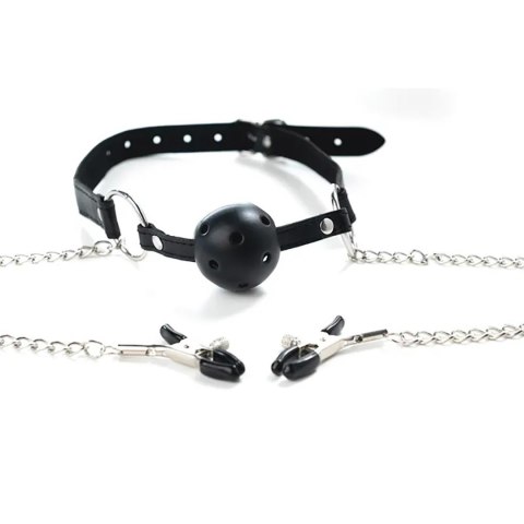 Breathable ball gag with adjustable nipple
clamps. Breathable ball gag with adjustable nipple
clamps.