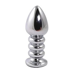 Silver large ribbed butt plug with black crystal