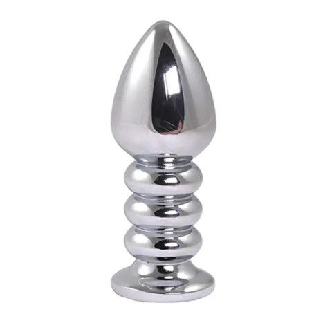 Silver large ribbed butt plug with pink crystal Silver large ribbed butt plug with pink crystal