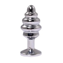 Silver medium ribbed butt plug with pink crystal